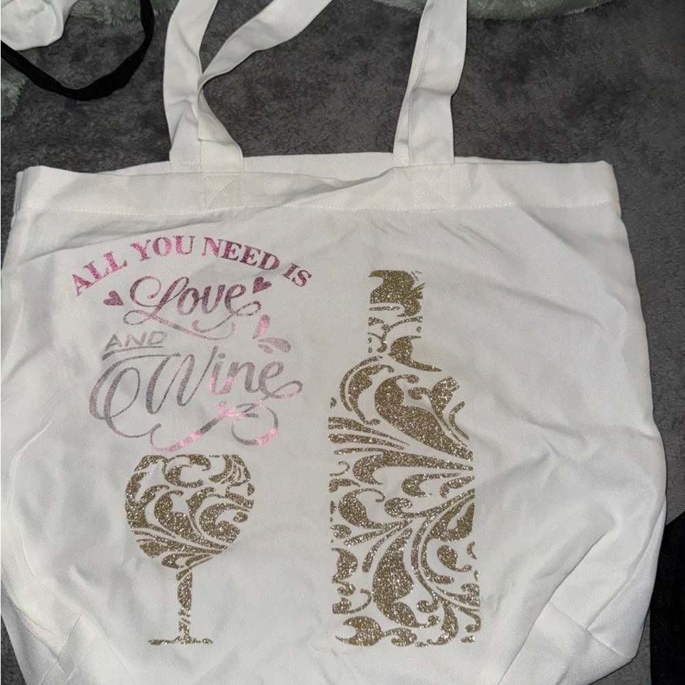 White Tote Bag with Gold and Pink Wine Design